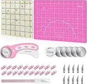 39 PCS Rotary Cutter Set - 45mm Cutter With 5 Extra Blades, A4 Cutting Mat, 6"x6" Patchwork Ruler, #11 Carving Knife With 10 Extra Blades, 20 Sewing Clips for Quilting, Sewing, Carving Pink