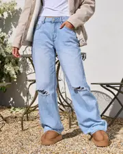 [DESU] DESU Women's Stones Straight Leg Jeans in Blasted Distressed Bleach Size 12 12 Blasted Distressed Bleach
