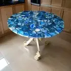 Round Agate Stone Coffee Table Top Handmade Blue Gemstone Countertop Decors