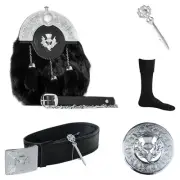 Scottish Thistle 6 Pieces Kilt Sporran Set Men's Kilt Black Fur Sporran Outfit