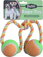 WagTime Dual Tennis Ball Rope Toy - 36cm, Durable Pet Play Toy for Dogs, Interactive Tug & Fetch, Safe Chew Design, Bright Colours for Easy Visibility, Ideal for Active Pets