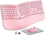 MEETION Ergonomic Keyboard and Mouse Wireless, 2.4G USB Wireless Split Keyboard with Soft Palm Rest, 4 DPI Adjustable Vertical Mouse Ergonomic, Full Size Rechargeable, Pink