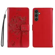 KT Imprinting Flower Series-3 For Samsung Galaxy S24 FE Case Wallet PU Leather Cat Tree Phone Cover