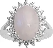 [MOONEYE] Rose Quartz Oval Cab Big Stone Ring 925 Sterling Silver Split Shank Halo Statement Wedding Ring