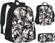 [ERCgad] Black Grey White Camo Print Canvas 3-In-1 School Bags Set Backpack Lunch Bag Pencil Case Combo For Men Women, Black, One Size