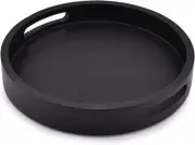 Acacia Wood Round Serving Tray with Handles 12" Cutout Handle Black