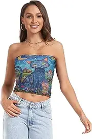 [RPLIFE] Art Blue Cat Women Tube Top Strapless Tops Women, Sheer Tube Tops, Sexy Tube Tops (S)