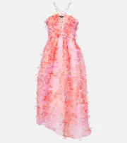 [Susan Fang] Susan Fang Floral-appliqué smocked tulle midi dress M/L pink