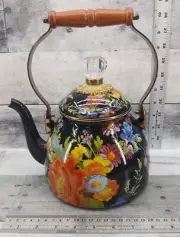 Mackenzie Childs Flower Market Teapot 2Qt Enamel Colorful Floral Black 1379
