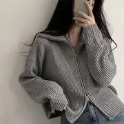 Zip-Up Knit Cardigan Light Brown - One Size
