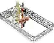 ELLDOO Perfume & Makeup Mirror Tray - Silver Metal Organizer for Dresser & Bathroom Countertop, Hollow-Carved Design Jewelry Storage Large Size 13.8" x 7.9"