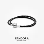 PANDORA 正品原裝 S925 純銀潘多拉時刻雙黑色皮革手鍊