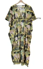 Women Yellow Peacock Print Cotton Plus Size Maxi Beach Cover up Caftan Dress