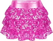 [Oyolan] Kids Girls Metallic Sequin Skirt Elastic Waist 3-Layers Ruffle Dance Skorts Fashion Party Scooter Skirt Outfit