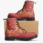 Womens Vegan Leather Boots Little Red Whimsical Devils Fire Flames Low Heel