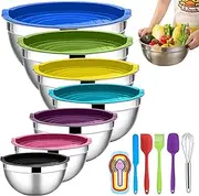 Mixing Bowls with Lids, 7 Pcs Mixing Bowls, Stainless Steel Bowl with Mixing Tools, Salad Bowl, Egg Beater for Mixing Cooking and Baking, Nested Packaging to Save Space (Multicolor)