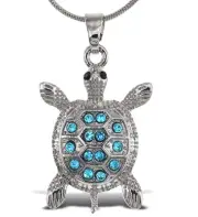 Aqua79 Silver Blue Sea Turtle Sparkling Crystal Pendant Necklace - 18 Inches