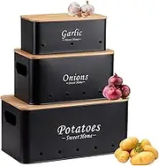 Potato Storage Box, 3PCS Multifunctional Garlic Onion Potato Vegetable Storage Container with Wooden Lid, Carbon Steel Black Storage Box for Kitchen, Home