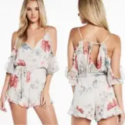 NEW Revolve Bardot Floral Ruffle Surplice V Back Cold Shoulder Romper Medium 8