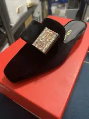 Salvatore Ferragamo Black Leat Double bow W Crystal Suede mules slide flats 6.5C