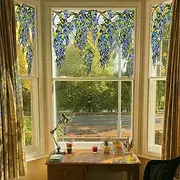 Flortlias Stained Glass Window Stickers Double-Sided Hand Drawn Window Film, Transparent Static Cling Glass Door Border Covering for Home Decorative, Blue Wisteria