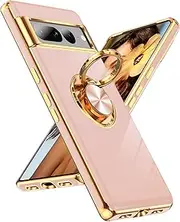 LeYi for Pixel-7-Pro Case: 360° Rotatable Ring Holder Magnetic Kickstand, Plating Rose Gold Edge Protective for Google Pixel 7 Pro Case, Pink