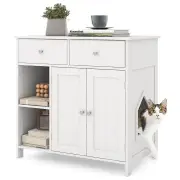CostwayCat Litter Box Enclosure Washroom Side Cabinet Wooden House with Drawers-White