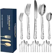 20pcs Stainless Steel Flatware Set, Unique Flower Pattern Silverware Set Service for 4 People, Silver Cutlery Set with Knives/Forks/Spoons, Mirror Polished Utensil Set for Kitchen, Dishwasher Safe