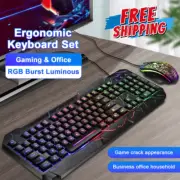 KEYBOARD & MOUSE COMBO CRACK RAINBOW GLOW GAMING SET BACKLIT LUMINOUS ERGONOMIC