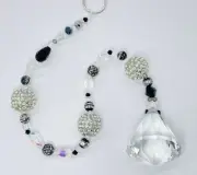 Beaded Suncatcher - Black Silver Clear Crystal Triangular Prism - Hanging Decor