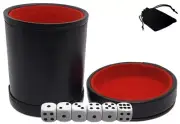 (6) 16mm White Dice w/Pouch + Black PU Leather Red Felt Lined Dice Cup Lid Tray