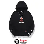 AAPE BAPE 新品卡通字母徽標印花連帽衫棉毛圈材料連帽男士女士超大帽子保暖貼片標籤黑色長袖抽繩外套