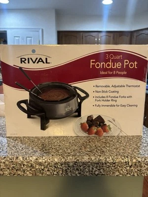 Rival Electric FONDUE POT 3 Quart Stainless Steel with 8 Forks Brand New