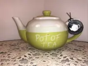 Old Pottery Company Small Teapot Pot Of Tea Lime Green And White 12 Ounce