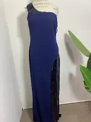 Aidan Mattox Crepe & Sequin One-Shoulder Gown - Navy, Size 14