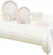 VReder White Champagne Gold Paper Party Tableware Set, Disposable Paper Party Napkins Plates Cups Tablecloth for Men Women Kids Birthday BBQ Engagement Weddings Picnics Christmas Decorations 16 Guests