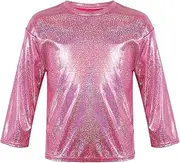[Jugaoge] Kids Shiny Metallic T Shirts Long Sleeve Dance Crop Tops Stage Performance Party Jazz Hip Hop Costume