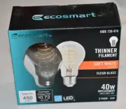 2 pk EcoSmart 40W 450 LED Clear SOFT White 2700K A19 Dimmable Light Bulbs