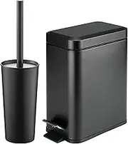 mDesign Metal Freestanding Slim Toilet Bowl Brush and Holder + Rectangle Narrow 5 Liter / 1.3 Gallon Step Pedal Trash Can Wastebasket for Bathroom - Small, Compact Design - Set of 2 - Black