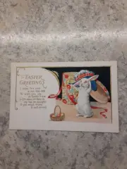 Vintage Easter Greetings Postcard Rabbit Bonnet Egg Basket New