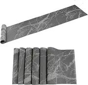 Karlesi Table Runner and Placemats Set of 6,Washable Easy Clean PVC Heat Resistant Marbling Painting Art Table Decor for Daily Use(Black)