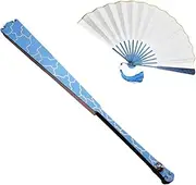 [Generic] 13.4 inches Titanium Alloy Materia Hand Folding Fan, Blue Kung Fu Fan Hand Held,Metal Portable with Window Broken Tai Chi (Blue with Yellow Pattern + Black Cover) (White)