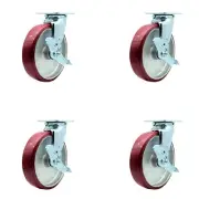 8 Inch Poly on Aluminum Caster Set with Ball Bearings and Brake/Swivel Lock SCC