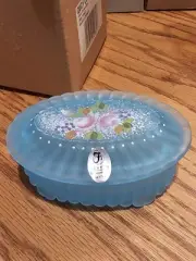 BRAND NEW!! Fenton Glass Oval Blue Trinket Dish w hand Painted Floral Design A62