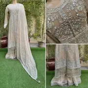 Pakistani beige Frock Style Embroidered Sequins 3pcs Chiffon Sharara Dress,XL