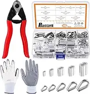 Rustark 117Pcs 8 Inches Steel Wire Rope Cutter with Aluminum Crimping Loop Sleeves and Stainless Steel Cable Thimble Assortment Kit for Wire Rope Bike Brakes Cable