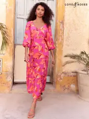 Love & Roses Pink Palm Printed V-Neck Puff Sleeve Midi Dress (AM5272) | $150