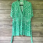 Gabriella Rossi Green Print Blouse Top Tie Flutter Short Sleeve SZ 1X C101529
