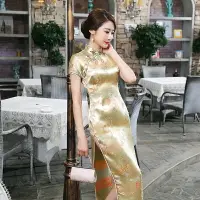 在飛比找樂天市場購物網優惠-氣質龍鳳長旗袍 金黃色復古中國風 旗袍趴 婚禮喜宴 演出服 