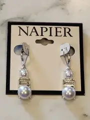 Napier Silver-Tone Drop Earrings With Faux Pearls & Crystal Accents